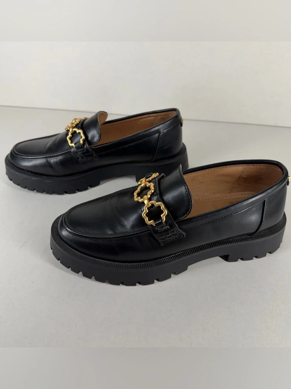 Y2K Loafers Womens Sam & Libby Black Chunky Lug Sole Gold Floral Chain